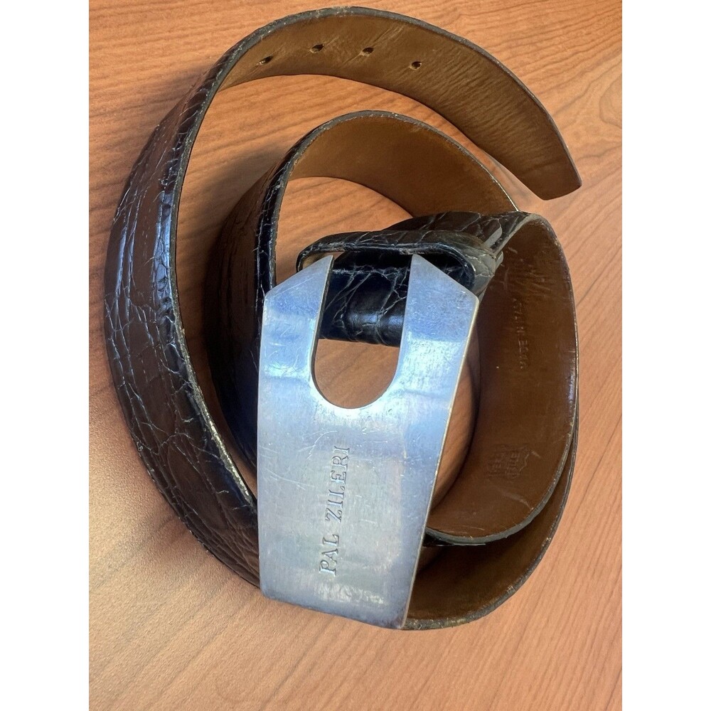 Pal Zileri Croc Embossed Black Leather Belt Silver Buckle Italy Sz 52 GUC